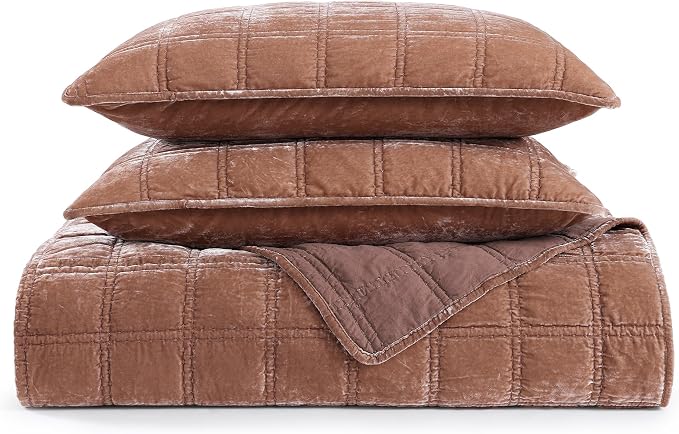 HiEnd Accent Stella Faux Silk Velvet Double Box Stitch 3 Piece Quilt Set, Full Queen Size, Dusty Rose Solid Color, Classic Chic Modern Rustic Elegant Bedding Set, Lightweight Bed Set