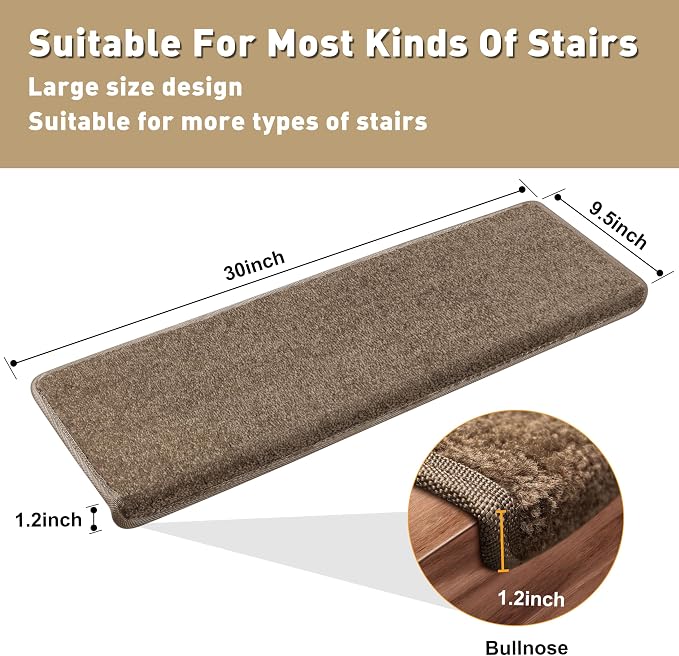 PURE ERA Bullnose Carpet Stair Treads Set Tape Free Non-Slip Indoor Stair Protectors Pet Friendly Rugs Covers Soft Skid Resistant Washable Reusable 9.5" x 30"(14 Pieces, Camel Brown)