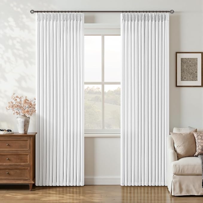 Snow White Pinch Pleat Curtains 80 Inch for Living Room Bedroom Semi Sheer Privacy Modern Linen Textured Pleated Drapes with Back Tab Rings Neutral Boho Aesthetic Memory Training Curtains 2 Panels