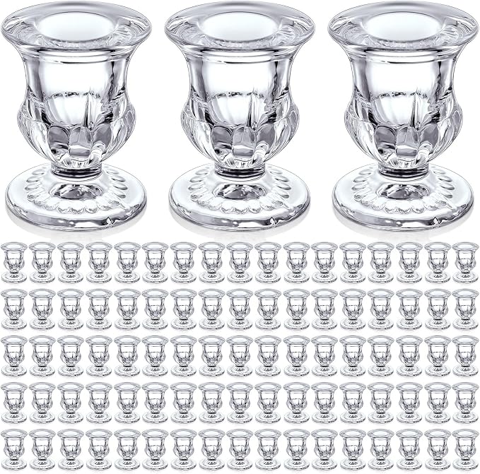 90 Pcs Clear Glass Candlestick Holders Taper Candle Holder Bulk 2.5 Inch Candle Stick Holder for Table Centerpiece Mantel Wedding Housewarming Gift Rustic Vintage Valentines Dinning Decoration (Clear)
