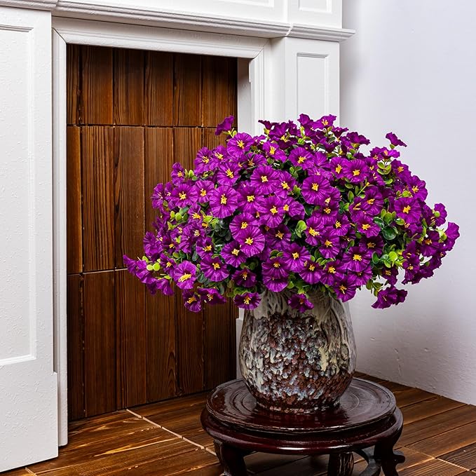 Nigirior Artificial Faux Flowers for Outdoor 16 Bundles Boxwood Fake Morning Glory for Planter,UV Resistant Fake Flowers for Home Porch Patio Outside（Fuchsia）