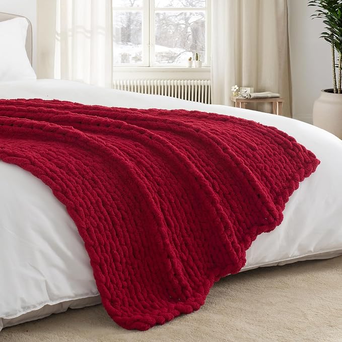 Chunky Knit Throw Blanket 50x60, 100% Handmade Chenille Yarn | 4.4lbs Soft Thick Cable Knitted Blankets, Large Rope Knot Crochet Throws for Couch Sofa Bed Christmas Fall Decor, Red