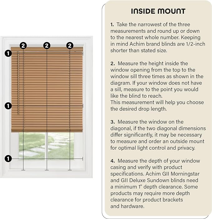 Cordless Light Filtering Mini Blind - 42 Inch Width, 64 Inch Length, 1" Slat Size - Woodtone - Cordless GII Morningstar Horizontal Windows Blinds for Interior by Achim Home Decor