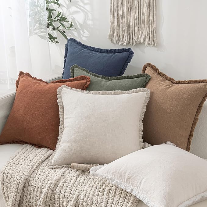 MIULEE Decorative Throw Pillow Covers Neutral Linen Fringe Throw Pillows Set of 2 Natural Beige Boho Farmhouse Cushion Cases with Tassels for Couch Sofa Bed Living Room Spring Decor 18x18 Inch