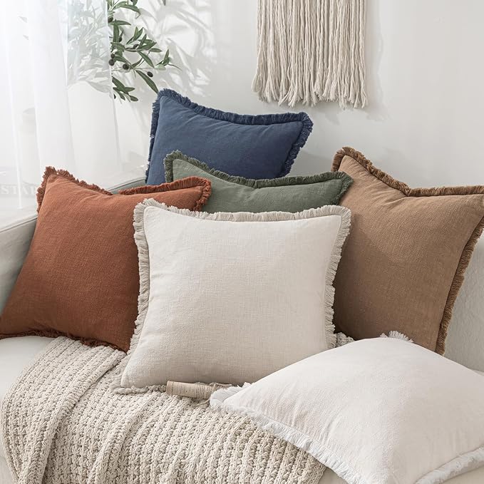 MIULEE Decorative Throw Pillow Covers Neutral Linen Fringe Throw Pillows Euro Shams Set of 2 Natural Beige Boho Farmhouse Cushion Covers for Couch Sofa Bed Living Room Spring Home Decor 26x26 Inch