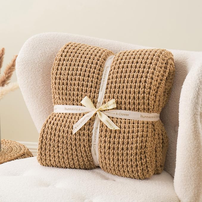 Bunnikins & Clover Beige Throw Blanket for Couch, Knitted Beige Throw for Bed, Neutral Throw Blankets Tan Blanket for Room Decor Housewarming Gifts, 60"x80"