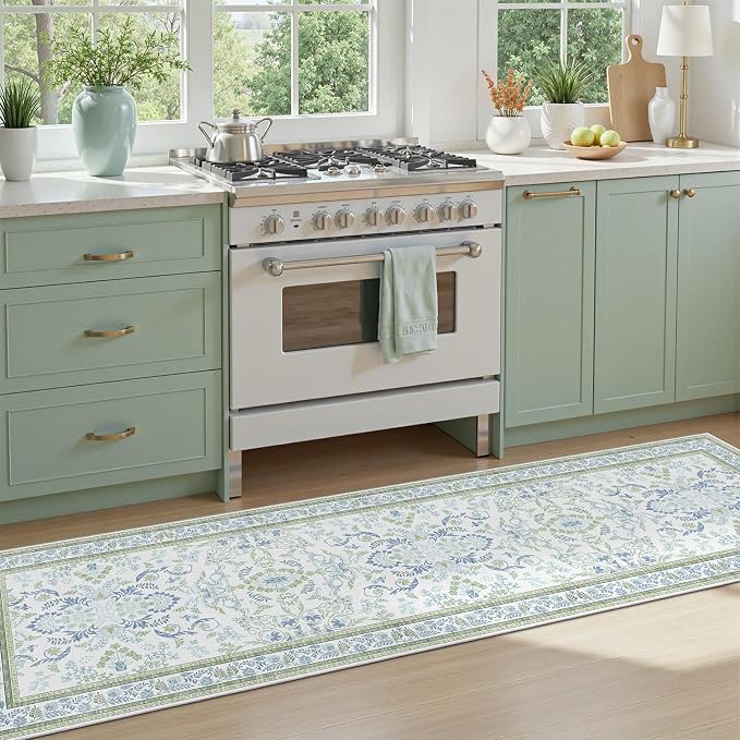 DCX Green and Blue Floral 2x8 Runner Rug, Machine Washable with Non Slip Vintage Backing Hallway Runner Rug Carpet for Nursery Soft Low Pile Stain Resistant, Kitchen, Bathroom