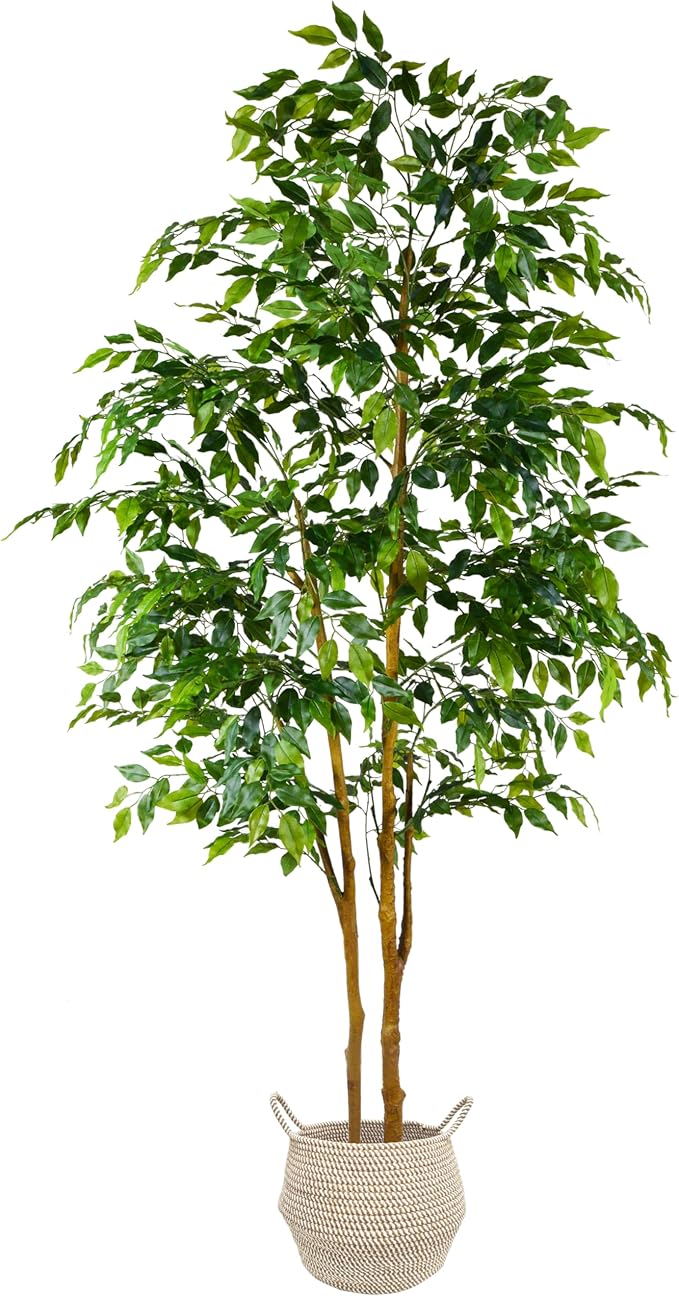 Warmplants Artificial Ficus Tree, 7ft Silk Fake Ficus Leaves Plant with Basket, Indoor Outdoor Faux Green Tree for Home Garden Office House Livingroom Décor
