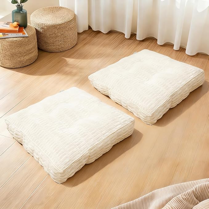 Floor Cushions, Corduroy Floor Pillow, Floors Pillows for Adults & Pets, Large Floors Pouf, Square Floored Pillows for Sitting & Yoga(1PC, Beige White，22"×22"×5.9")