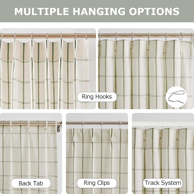 Vision Home Sage Green Plaid Linen Pinch Pleated Semi Sheer Curtains Checkered Light Filtering Window Panels 102 inches for Living Room Bedroom Rustic Pleat Drapes with Back Tab Hooks 40" Wx102 Lx2