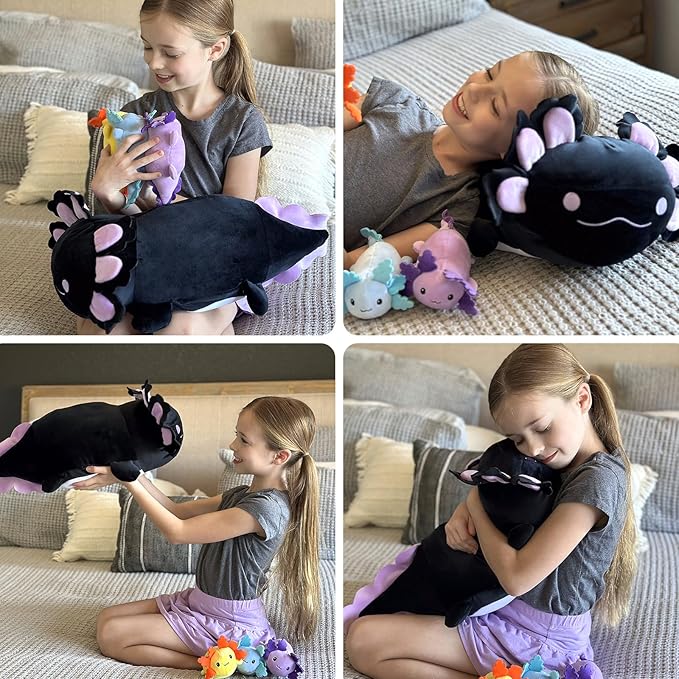 MaoGoLan 4Pcs Giant Axolotl Plush with 3 Babies Inside-23.5" Large Ultra Soft Axolotl Stuffed Animals Throw Pillow-Squishy Stuffed Axolotl Plush Collection Gift for Axolotl Lover,Kids,Teens,Black