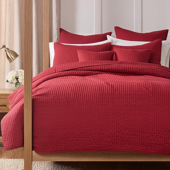 Levtex Home Cross Stitch Reversible Full/Queen Quilt Set (88x92in) with 2 Pillow Shams (26x20in) - Stitch Texture - Chile Red - Cotton Full/Queen Size Quilt Bedding Set - Lightweight, Soft, Pre-Washed