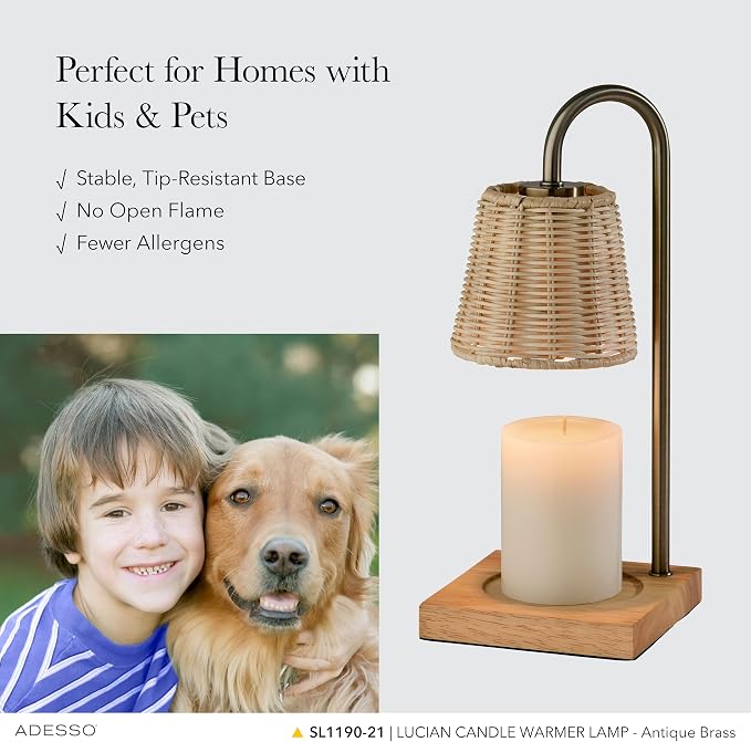 Adesso Candle Warmer Lamp – Flameless Candle Melter with Adjustable Timer & Dimmable Light, Bulb Included, Antique Brass Base & Rattan Shade, for Home, Dorm, or Office
