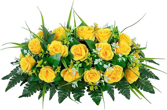 DONODA Cemetery Tombstone Flower Saddle - Outdoor Grave Decorations - Non-Bleed Colors, Rose Combination Flower (Yellow Saddle)