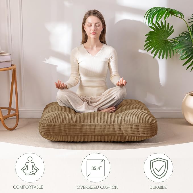 HIGOGOGO 35" Floor Pillow Cushion for Adults, Meditation Cushion Pillow, Extra Large Square Floor Sitting, Tufted Corduroy Cover for Tatami Living Room or Yoga, Coffee