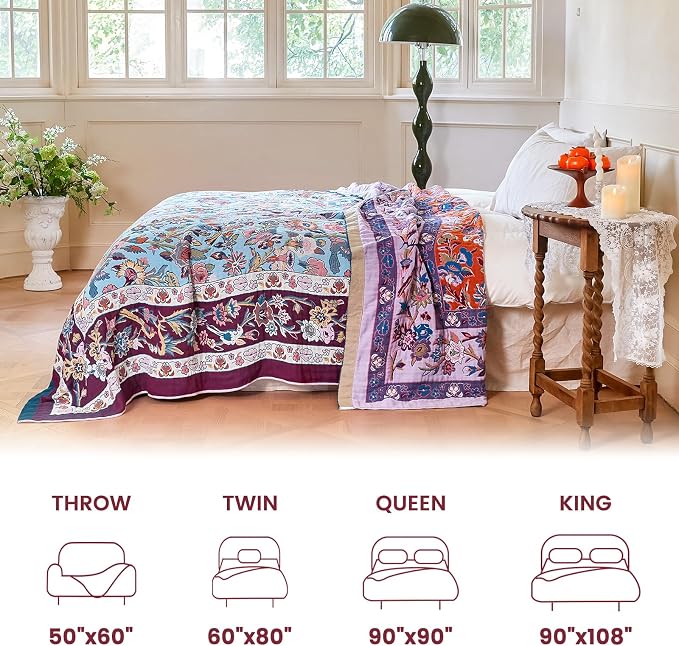 MSGKV Boho Throw Blanket for Bed 60"x80" 100% Cotton Couch Twin Size Floral Bird Blanket Summer Breathable Lightweigh Muslin Home Decorative Blankets