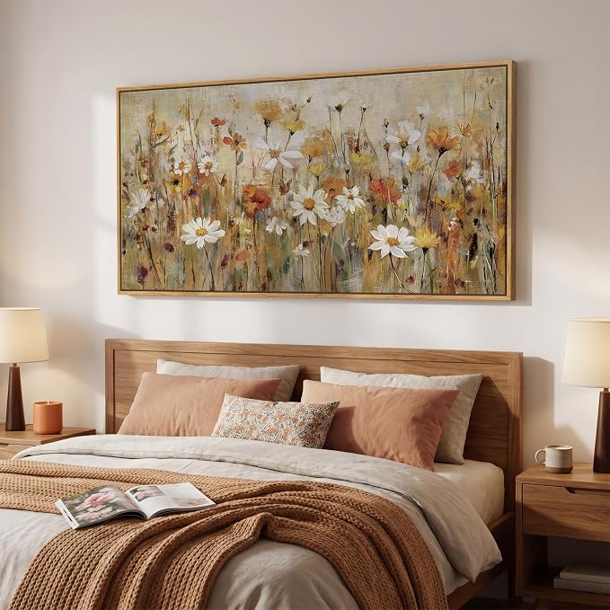 Large Framed Vintage Floral Wall Art for Living Room, Neutral Retro Flower Canvas Painting Prints, Rustic Cottage Core Botanical Picture for Farmhouse Bedroom Dining Room Office Wall Decor, 30x60 Inch