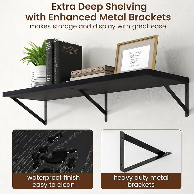 Axeman Deep Floating Shelves - 40 Inch Black Floating Shelves Set of 2-12 Inch Deep Wood Wall Shelves for Living Room Bathroom Kitchen