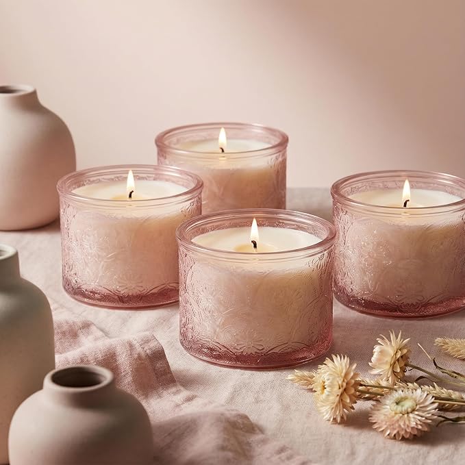 10 oz Pink Mandala Glass Candle Jars with Bamboo Lids, 9 Pack | Patented Embossed Design, Includes Wick Centering Devices & Warning Labels, Multiple Color Options
