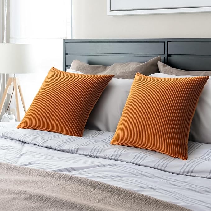 YCOLL Burnt Orange Pillow Covers 24x24 Set of 2 Velvet Striped Pattern - Soft Throw Pillows for Home Decor, Luxury Decorative Pillow Covers for Couch, Bed,Living Room