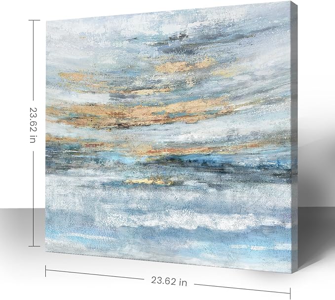 Abstract Canvas Wall Art Framed Light Blue Canvas Print Coastal Theme Artwork Modern Ocean Skyline and Sunset & Sunrise in the Seaside Large Sea Picture for Home Bedroom Decor 24x24inch