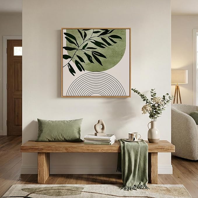 Framed Green Boho Botanical Wall Art, Sage Green Abstract Paintings Artwork for Walls, Modern Minimalist Geometric Line Square Pictures Wall Decor for Living Room Bedroom Bathroom Office, 24x24 In