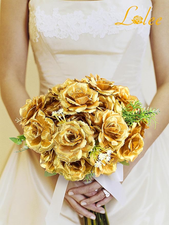 LELEE Rose Head Flowers with Stem - 108pcs Gold Rose Artificial Flowers Bulk - 3.1'' Silk Roses Fake Flower for Wedding Bouquet Party Home Decor DIY Baby Shower Centerpieces Tables Decoration