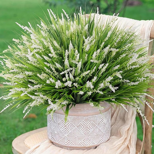 Artificial Fake Outdoor Plants Flowers for Summer Decoration,10 Bundles Faux Plastic Tall Monkey Grass Greenery UV Resistant Realistic for Home Outside Planter Window Porch Patio Garden-White