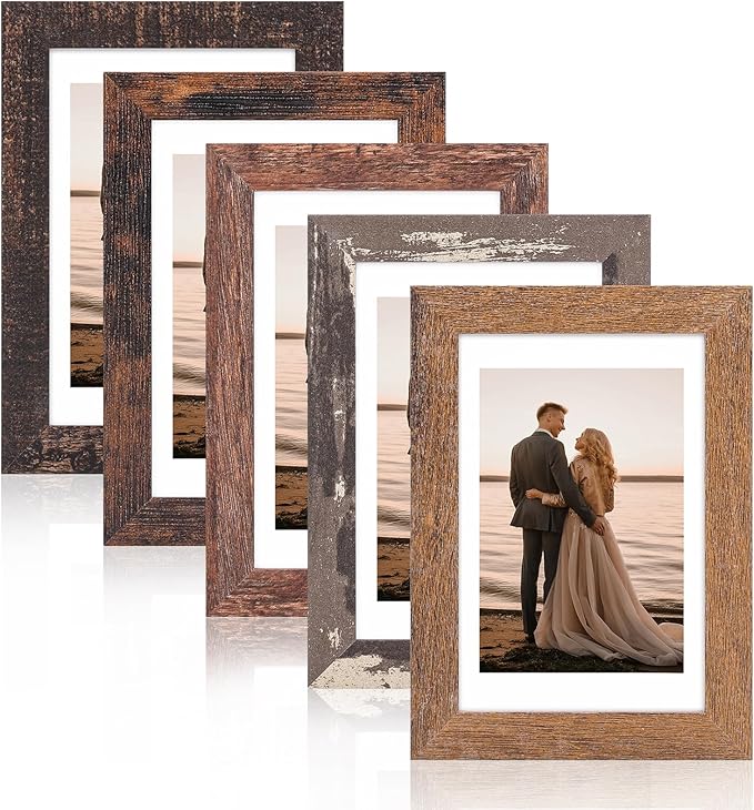 Fixwal 4x6 Rustic Picture Frames Set of 5, Vintage Distressed Photo Frames with Tempered Glass, Decorative Art for Wall Hanging and Tabletop Placement, Display 3.5x5 with Mat or 4x6 Without Mat