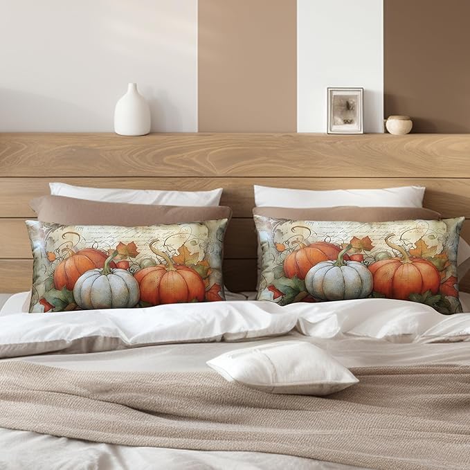 Fall Outdoor Lumbar Pillow Covers 12x20 Watercolor White Orange Pumpkin with Maple Leaves Rectangle Pillow Case Set of 2 Autumn Waist Cushion Case for Couch Patio Bench