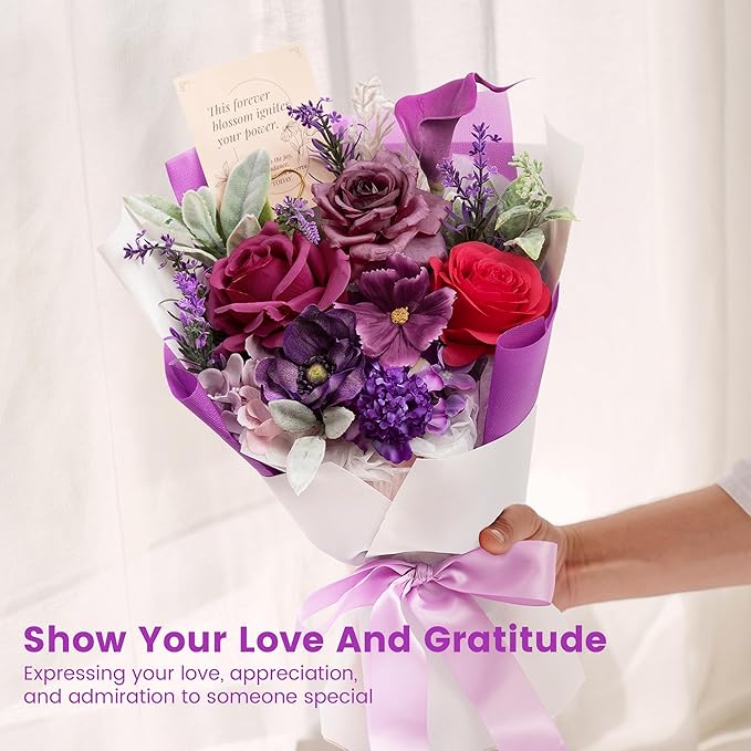 TINGE TIME Mothers Day Preserved Flowers Bouquet, Forever Flowers Gifts for Mom, Birthday Gifts for Women, Eternal Roses Bouquet for Grandma Wife Anniversary Graduation(Purple)
