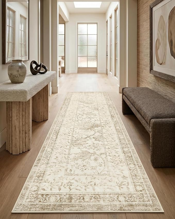 GarveeHome Vintage Beige Non-Slip Washable 2x6 Kitchen Runner Hallway Rug Cottage Core Retro Farmhouse Low-Pile Stain Resistant Rugs for Entryway Bathroom Bedroom TPE Backing