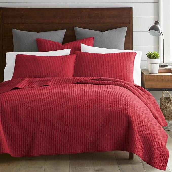 Levtex Home Cross Stitch Reversible Full/Queen Quilt Set (88x92in) with 2 Pillow Shams (26x20in) - Stitch Texture - Chile Red - Cotton Full/Queen Size Quilt Bedding Set - Lightweight, Soft, Pre-Washed
