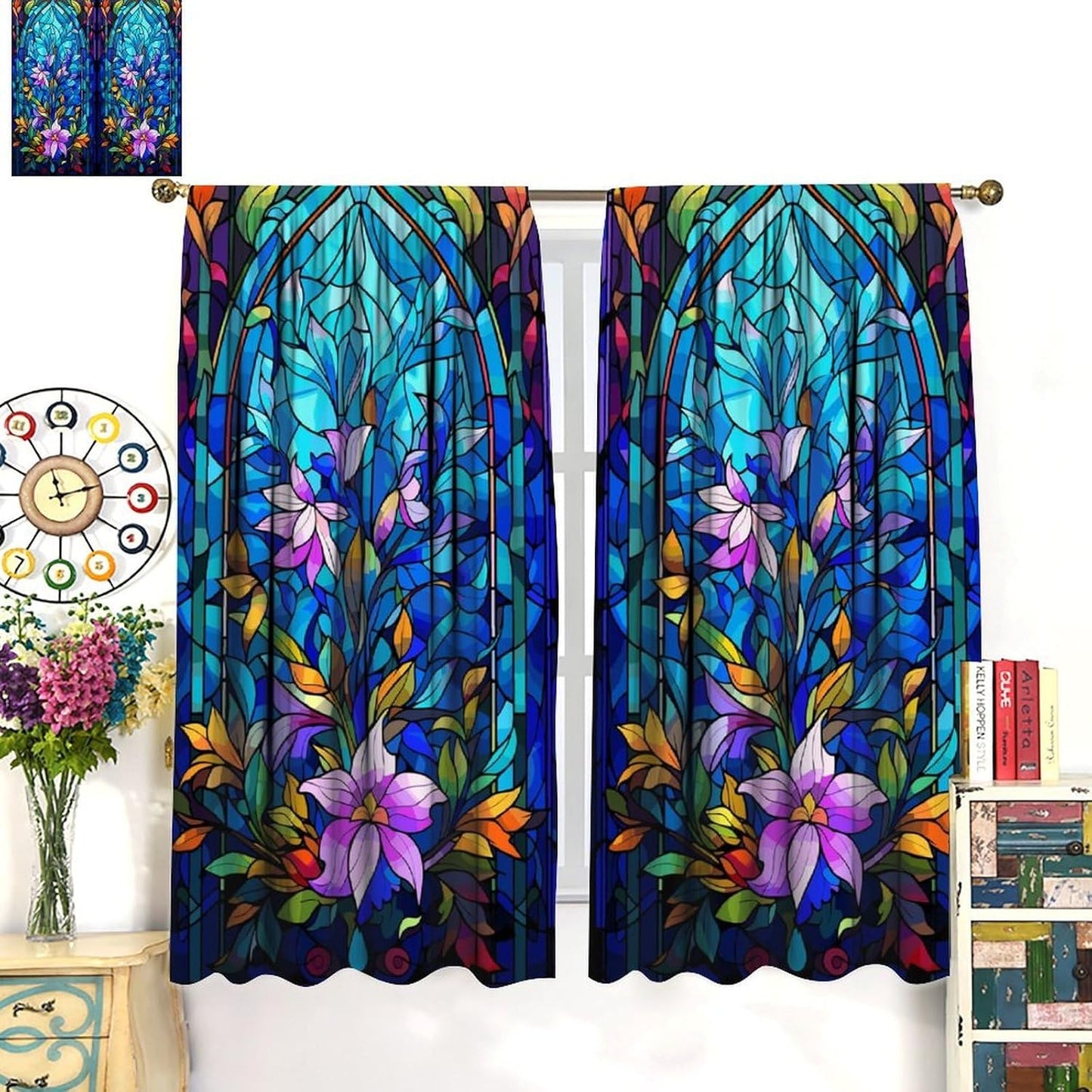 Stained Glass Curtains,Abstract Colorful Floral Geometric Art Home Decor Drapes for Bedroom Living Room Kitchen Window Treatment 2 Panels Set Total Size 42" W X 54" L Inch