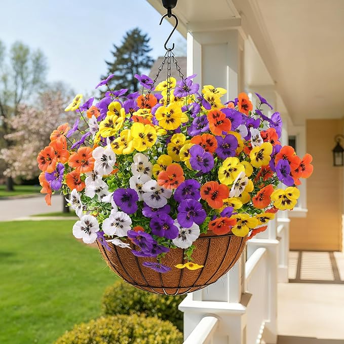 Alupssuc 48 Bundles Artificial Flowers for Outdoors, Fake Spring Flowers for Decoration, UV Resistant Realistic Pansies with Eucalyptus Silk Faux Flowers for Porch Yard, Purple Yellow White Orange