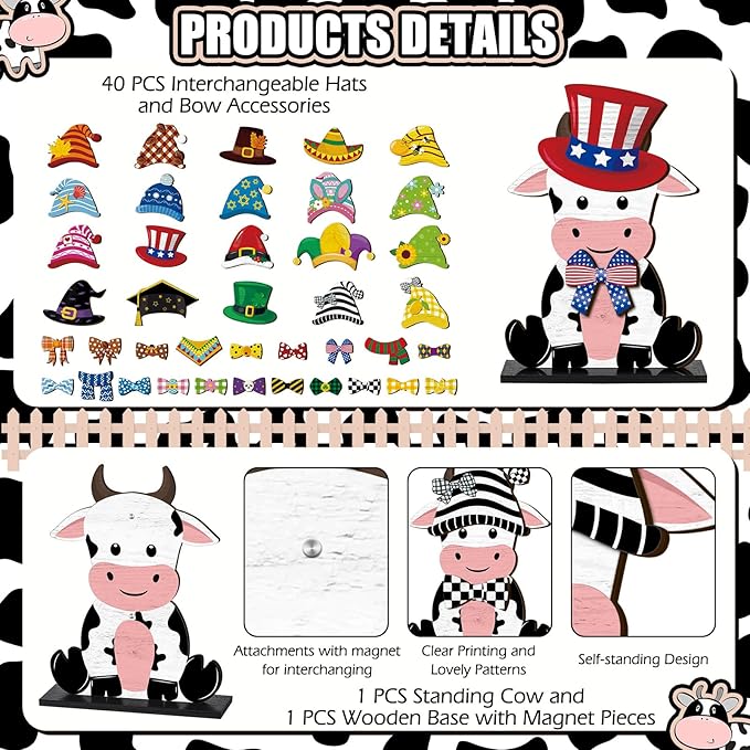 42 Pcs Small Interchangeable Cinco De Mayo Cow Figurine Farmhouse Holiday Cow Office Decor Seasonal Sign Desk Accessories Mexican Tier Tray Home Decoration Wood Welcome Ornament Gift