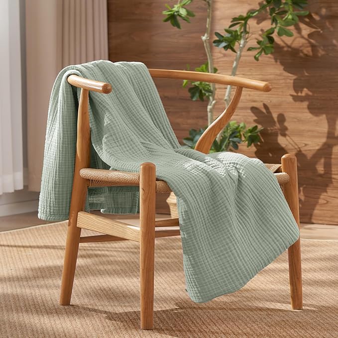 David's Home 100% Cotton Muslin Throw Blanket for College Dorm, 4-Layer Soft Breathable Lightweight Cozy Throw Guaze for Hot Sleepers, 3D Bubble Room Decor for Bed, Giftable, Sage Creen, 50"x70"