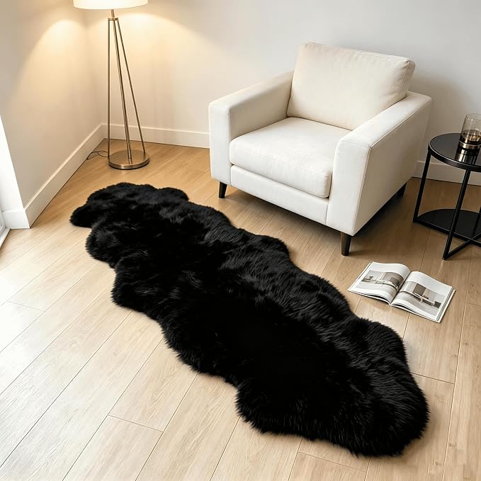 AOGELAN Area Rugs, Genuine New Zealand Sheepskin Rug, Soft Fur Throw Rug (Black, Double Pelt/2FT*6FT)
