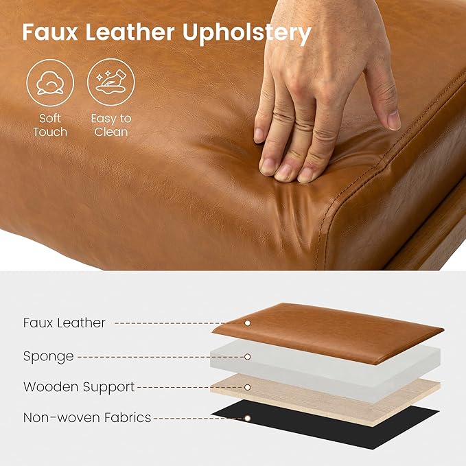 Glitzhome 15.5"(H) Footrest Stool Set of 2, Leatherette Ottoman, Accent Padded Sofa Foot Stool for Accent Chair, Wood Frame Foot Rest Ottoman for Living Room, Bedroom, Yellowish-Brown