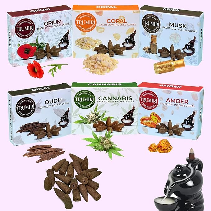 Exotic - Backflow Incense Cones for Waterfall - Scented Inscents-Cones - Copal, Amber, Musk, Oud - Insiensos Aromaticos - 6x10=60 Large Variety Pack