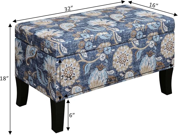 Convenience Concepts Designs4Comfort Winslow Storage Ottoman Bench 32" - Transitional Upholstered Footstool & Seat, for Living Room, Entryway, Hallway, & Bedroom, Indigo Flora Fabric