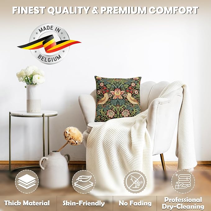 Charlotte Home Furnishings Inc Strawberry Thief Black Throw Pillow Covers 18x18, European 100% Cotton Jacquard Woven Fabric, Boho & Vintage Inspired Decorative Cushion for Living Room and Sofa