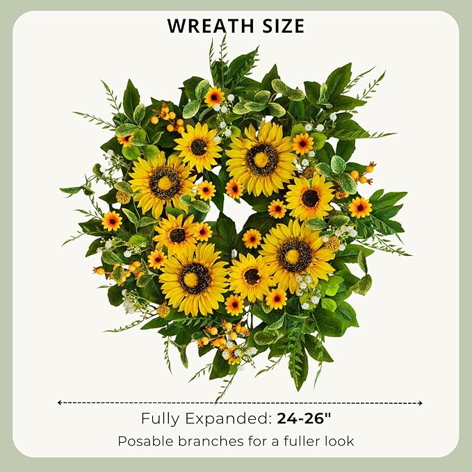 Sunflower Wreath for Front Door, 24–26 Inch Spring & Summer Wreath with Lifelike Sunflowers, Handmade Outdoor Wreath for Front Door, Spring Home Decor