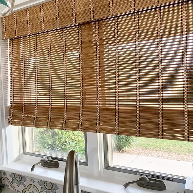 Sunbox Cordless Bamboo Roman Shade Blind, Woven Wood Roman Shades, Light Filtering Natural Bamboo Shades for Windows, French Doors, 42" W x 64" H, Caramel Brown