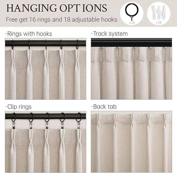 Linen Pinch Pleated Curtains 63 Inches Long 2 Panels for Living Room Bedroom Rustic Country Oatmeal Flax Linen Pleated Hooks Rings Back Tab Light Filtering Curtain Semi Sheer Drapes Taupe