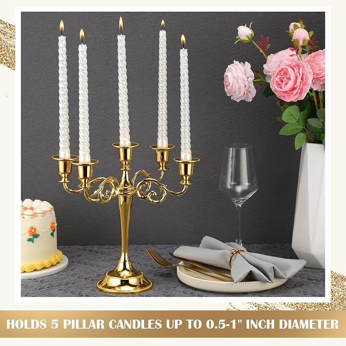 Dandat 3 Pcs 5 Arm Metal Candelabra 10.24 Inch Tall Candlestick Holders Gothic Candle Holder for Home Wedding Church Halloween Theme Party Table Centerpieces(Gold)