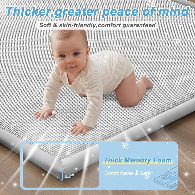 Baby Play Mat for Floor Tummy Time Nursery Rug Muscle Area Rug Playroom Rug 59x79" Elastic Foam 1.3" Thick Crawling Mat for Babies,Toddlers, Infants,Kids(Plaid Light Grey)