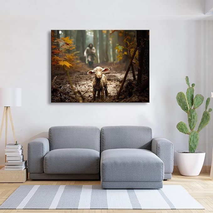 Ploceiny Extra large christian wall art for living room decor Jesus and Lamb canvas wall prints Jesus Running After Lost Lamb Picture for home decor,Religious wall decor for prayer room.A-417 (45"X30")