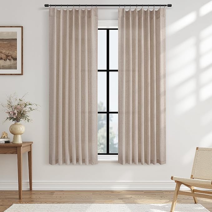 Sand Beige Pinch Pleated Linen Curtains 63 Inch Length 2 Panels Set for Living Room Bedroom Vintage Farmhouse Country Privacy Light Filtering Semi Sheer Back Tab Drapes with Hooks for Nursery 40x63