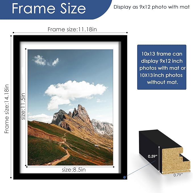 PEALSN 10x13 Picture Frames Set of 6, Display Pictures 9x12 with Mat or 10x13 without Mat for Wall Mounting or Table Top, Photo Frames Collage for Wall Decor, Black.